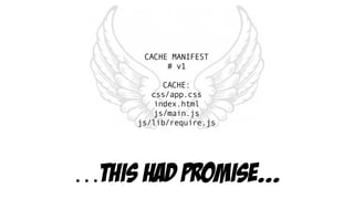 …this had promise...
CACHE MANIFEST
# v1
CACHE:
css/app.css
index.html
js/main.js
js/lib/require.js
 