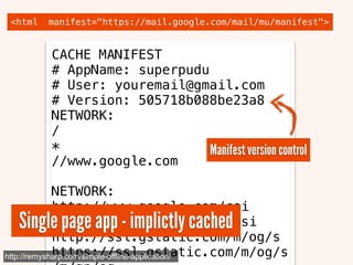 <html   manifest="https://mail.google.com/mail/mu/manifest">


        CACHE MANIFEST
        # AppName: superpudu
        # User: youremail@gmail.com
        # Version: 505718b088be23a8
        NETWORK:
        /
        *                    Manifest version control
        //www.google.com

             NETWORK:
             http://www.google.com/csi
  Single page app - implictly cached
             https://www.google.com/csi
             http://ssl.gstatic.com/m/og/s
             https://ssl.gstatic.com/m/og/s
http://remysharp.com/simple-offline-application/
 