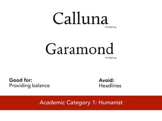 FontSpring




                                  FontSpring




Good for:                       Avoid:
Providing balance               Headlines


            Academic Category 1: Humanist
 