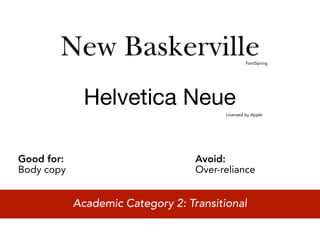 FontSpring




              Helvetica Neue
                                         Licensed by Apple




Good for:                          Avoid:
Body copy                          Over-reliance


            Academic Category 2: Transitional
 