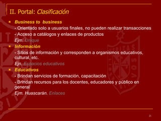 II. Portal:  Clasificación   Business to  business - Orientado solo a usuarios finales, no pueden realizar transacciones - Acceso a catálogos y enlaces de productos Ejm.  Unique Información - Sitios de información y corresponden a organismos educativos, cultural, etc. Ejn.  Espacios educativos Educativos - Brindan servicios de formación, capacitación - Brindan recursos para los docentes, educadores y público en general Ejm. Huascarán.  Enlaces 