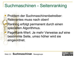 Suchmaschinen - Seitenranking Problem der Suchmaschinenbetreiber: Relevantes muss nach oben! Ranking erfolgt permanent durch einen speziellen Algorithmus. PageRank-Wert: Je mehr Verweise auf eine bestimmte Seite, umso höher wird sie eingeordnet. Web 2.0   Suchmaschinen   Newsgroups 