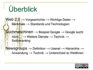 Web 2.0  ->  Vorgeschichte  ->  Wichtige Daten  ->  Merkmale  ->  Standards und Technologien  Suchmaschinen  ->  Beispiel Google  ->  Google sucht nach…  ->  Weitere Dienste  ->  Technik  ->   Seitenranking Newsgroups  ->  Definition  ->  Usenet  ->  Hierarchie  ->  Anwendung  ->  Technik  ->  Unterschied zu Webforen Überblick   