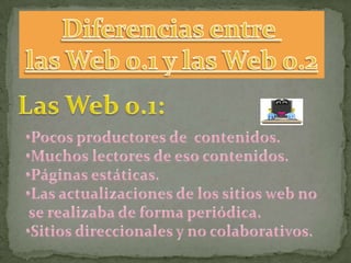 Diferencias entre  las Web 0.1 y las Web 0.2 Las Web 0.1: ,[object Object]