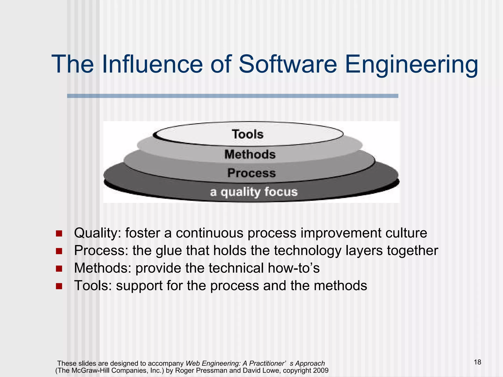 The Influence of Software Engineering Quality: foster a continuous process improvement culture Process: the glue that holds the technology layers together Methods: provide the technical how-to’s Tools: support for the process and the methods 