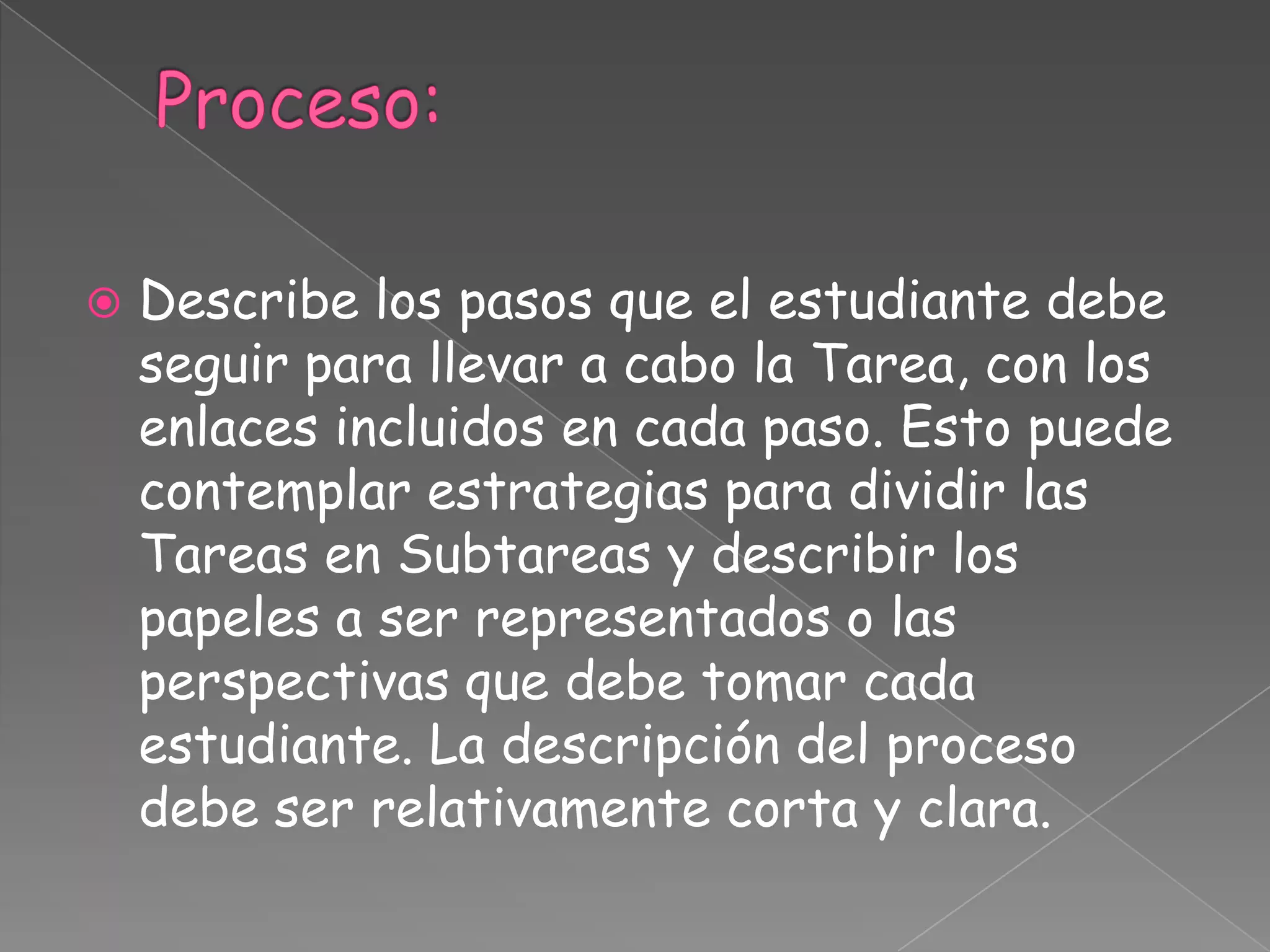  Describe los pasos que el estudiante debe
seguir para llevar a cabo la Tarea, con los
enlaces incluidos en cada paso. Esto puede
contemplar estrategias para dividir las
Tareas en Subtareas y describir los
papeles a ser representados o las
perspectivas que debe tomar cada
estudiante. La descripción del proceso
debe ser relativamente corta y clara.
 