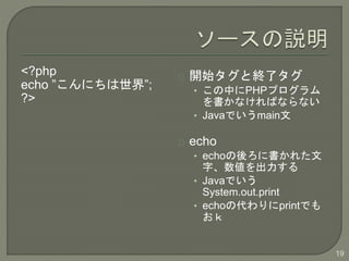 <?php
echo ˤ硱;
?>
_ʼȽK˥
? ФPHPץ
ʤФʤʤ
? JavaǤmain
echo
? echo˕줿
֡
? JavaǤ
System.out.print
? echoδprintǤ

19
 