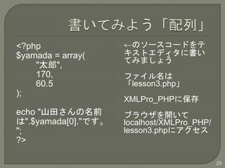 <?php
$yamada = array(
"̫",
170,
60.5
);
echo "ɽ蘆ǰ
".$yamada[0]."Ǥ
";
?>
Υ``ɤ
ȥǥ˕
Ƥߤޤ礦
ե
lesson3.php
XMLPro_PHP˱
֥饦_
localhost/XMLPro_PHP/
lesson3.php˥
25
 