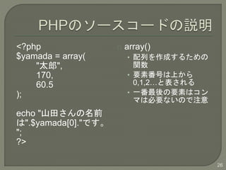 <?php
$yamada = array(
"̫",
170,
60.5
);
echo "ɽ蘆ǰ
".$yamada[0]."Ǥ
";
?>
array()
? Фɤ뤿
v
? ҪطŤϤ
0,1,2ȱ
? һҪؤϥ
ޤϱҪʤΤע
26
 