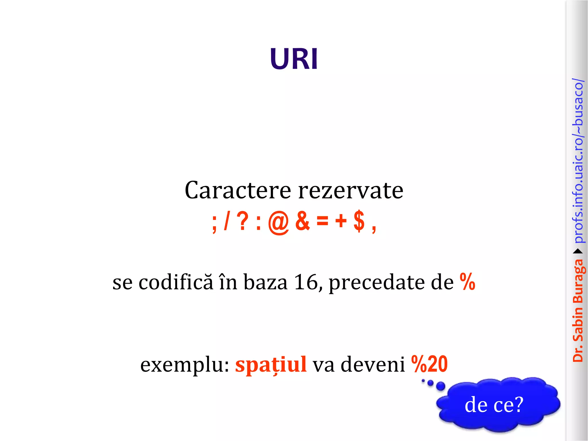 Dr.SabinBuragaprofs.info.uaic.ro/~busaco/
URI
Caractere rezervate
; / ? : @ & = + $ ,
se codifică în baza 16, precedate de %
exemplu: spațiul va deveni %20
de ce?
 