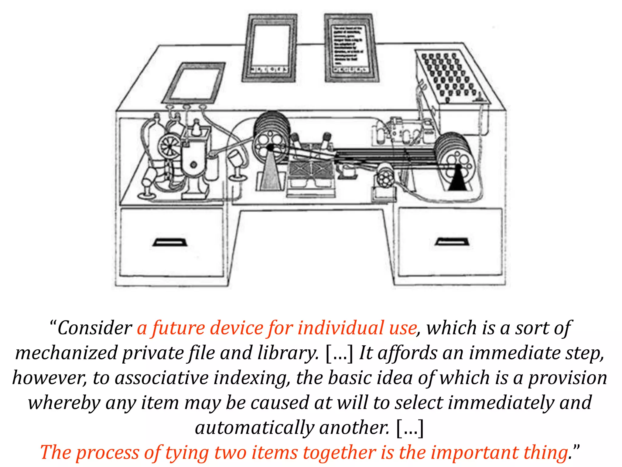 Dr.SabinBuragaprofs.info.uaic.ro/~busaco/
“Consider a future device for individual use, which is a sort of
mechanized private file and library. […] It affords an immediate step,
however, to associative indexing, the basic idea of which is a provision
whereby any item may be caused at will to select immediately and
automatically another. […]
The process of tying two items together is the important thing.”
 