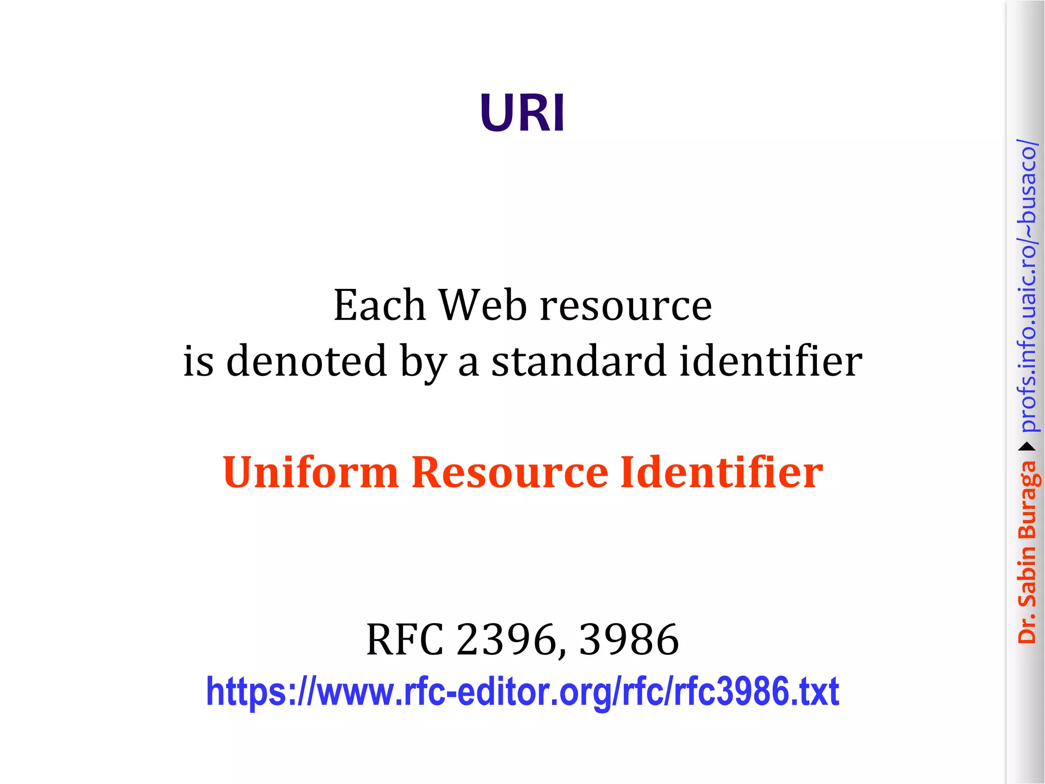 Dr.SabinBuragaprofs.info.uaic.ro/~busaco/
URI
Each Web resource
is denoted by a standard identifier
Uniform Resource Identifier
RFC 2396, 3986
https://www.rfc-editor.org/rfc/rfc3986.txt
 