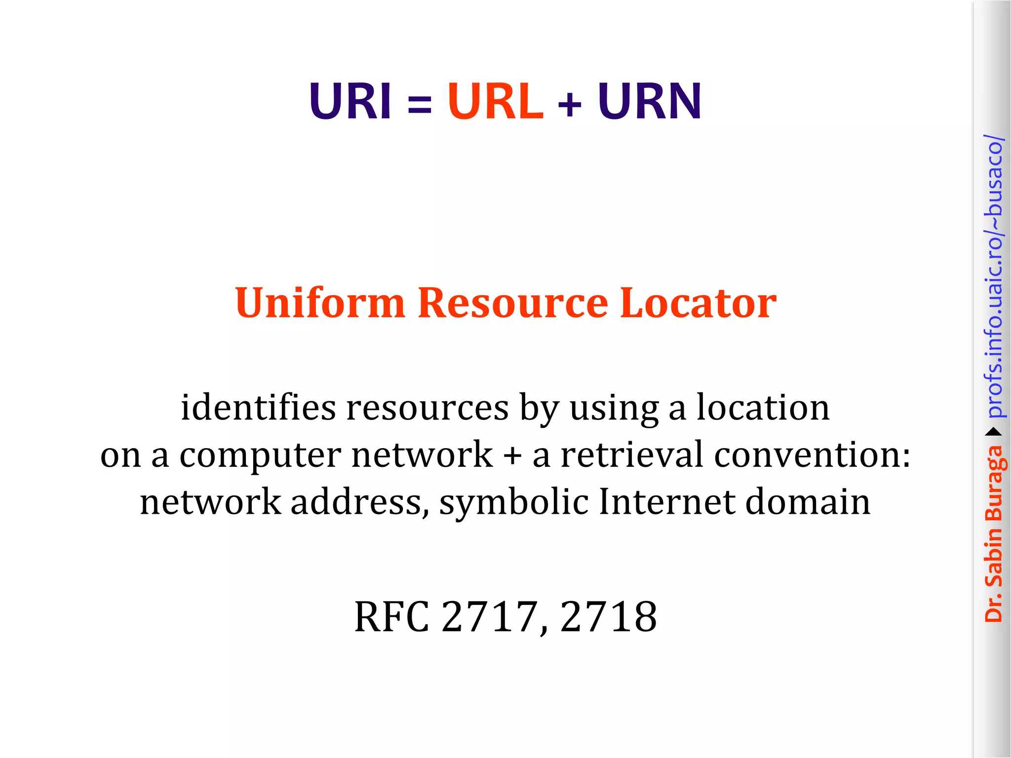 Dr.SabinBuragaprofs.info.uaic.ro/~busaco/
URI = URL + URN
Uniform Resource Locator
identifies resources by using a location
on a computer network + a retrieval convention:
network address, symbolic Internet domain
RFC 2717, 2718
 