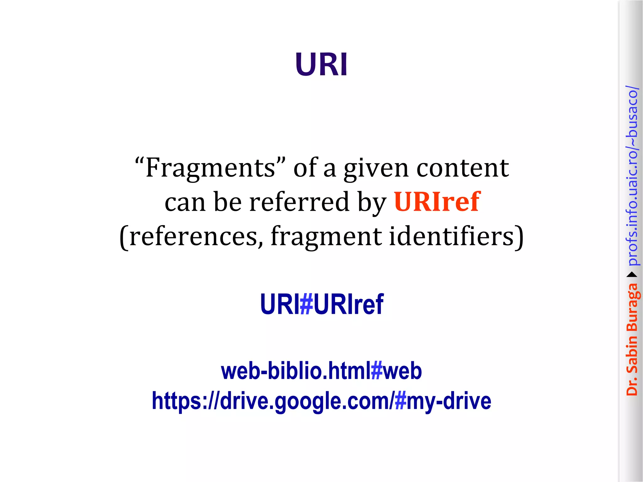 Dr.SabinBuragaprofs.info.uaic.ro/~busaco/
URI
“Fragments” of a given content
can be referred by URIref
(references, fragment identifiers)
URI#URIref
web-biblio.html#web
https://drive.google.com/#my-drive
 