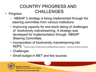 Department of Environmental AffairsDepartment of Environmental Affairs
COUNTRY PROGRESS AND
CHALLENGES• Progress:
- NBSAP ...