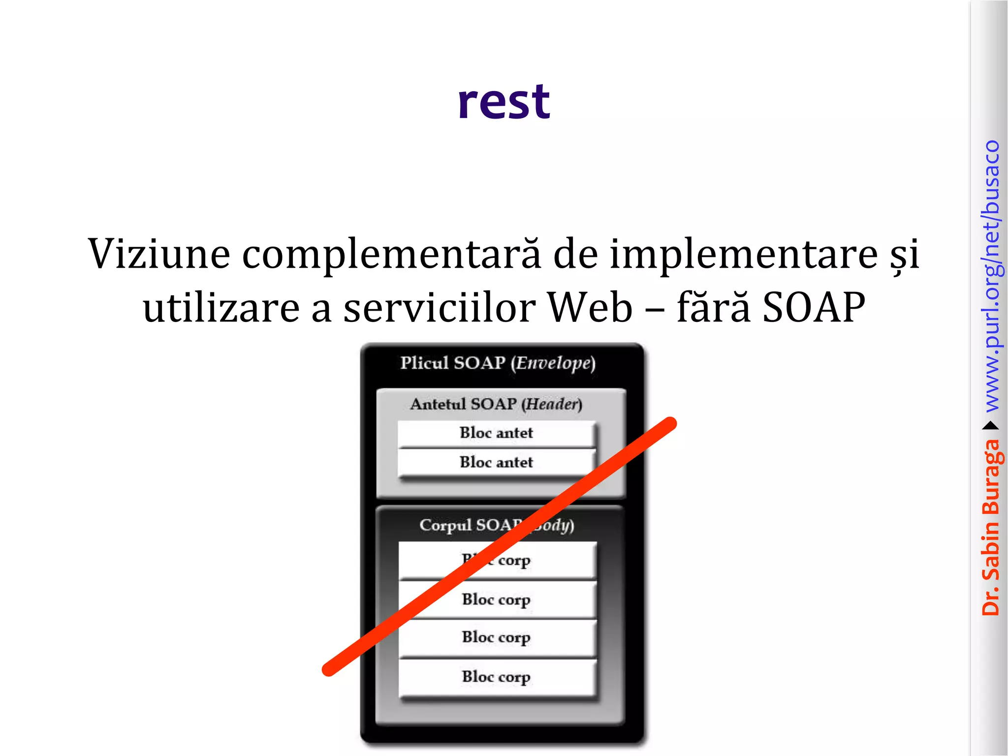 Dr.SabinBuragawww.purl.org/net/busaco
rest
Viziune complementară de implementare și
utilizare a serviciilor Web – fără SOAP
 