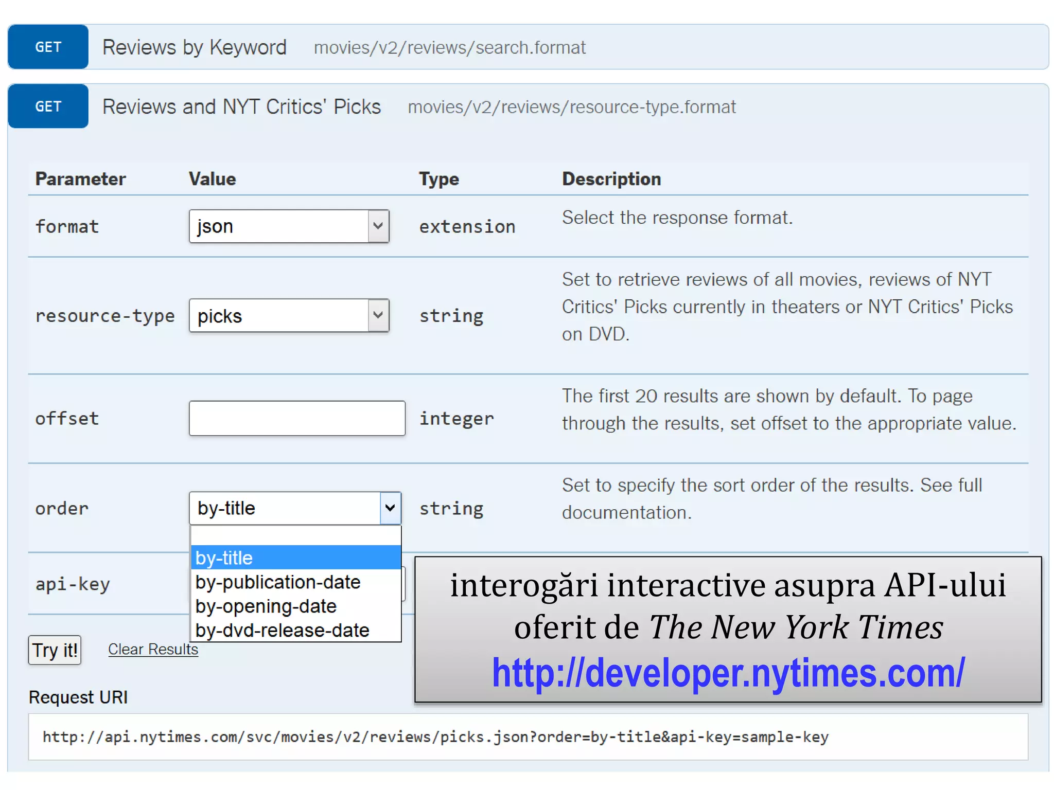 Dr.SabinBuragawww.purl.org/net/busaco
rest: privire pragmatică
interogări interactive asupra API-ului
oferit de The New York Times
http://developer.nytimes.com/
 
