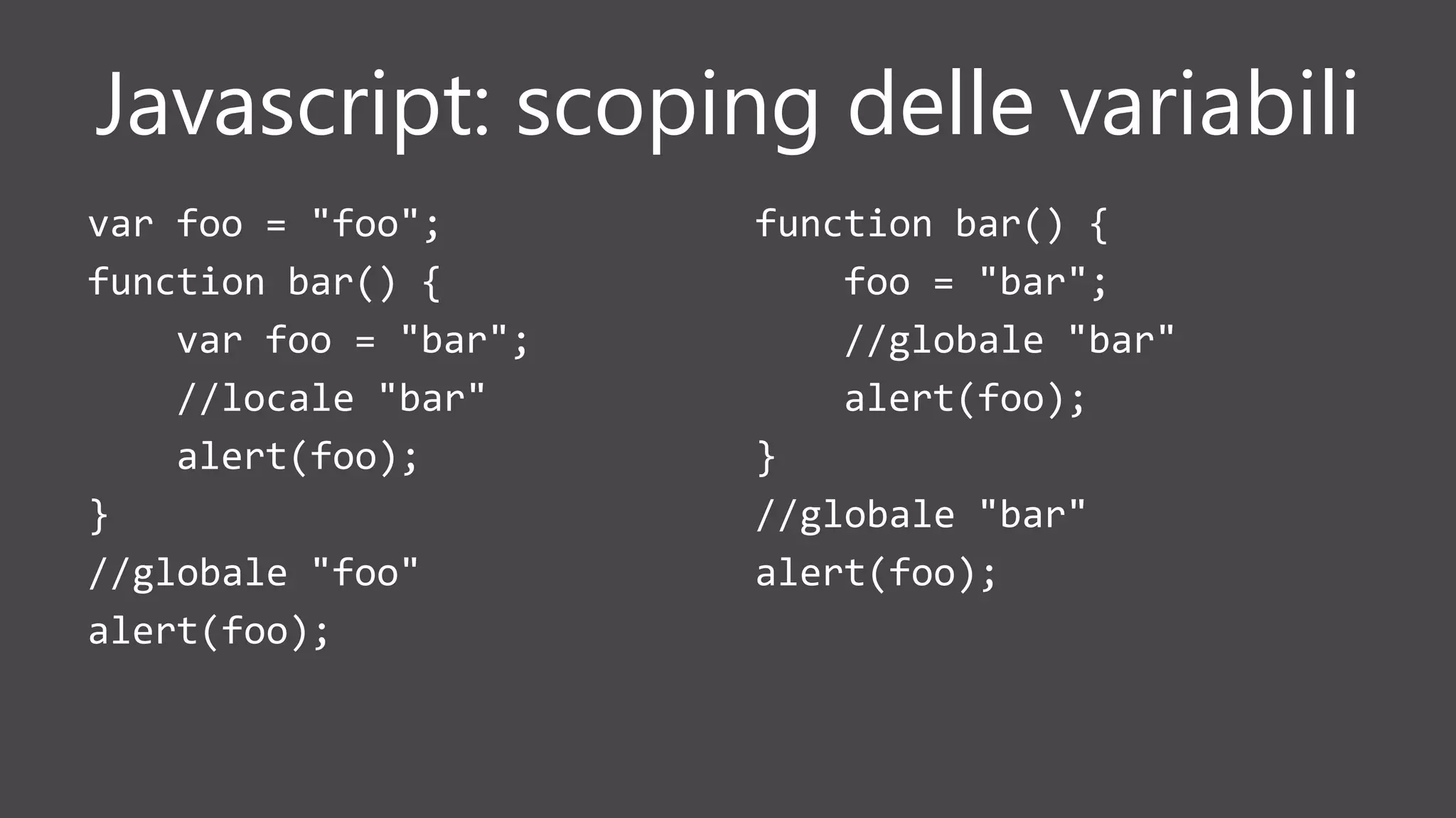 Javascript: scoping delle variabili
var foo = "foo";
function bar() {
var foo = "bar";
//locale "bar"
alert(foo);
}
//globale "foo"
alert(foo);
function bar() {
foo = "bar";
//globale "bar"
alert(foo);
}
//globale "bar"
alert(foo);
 