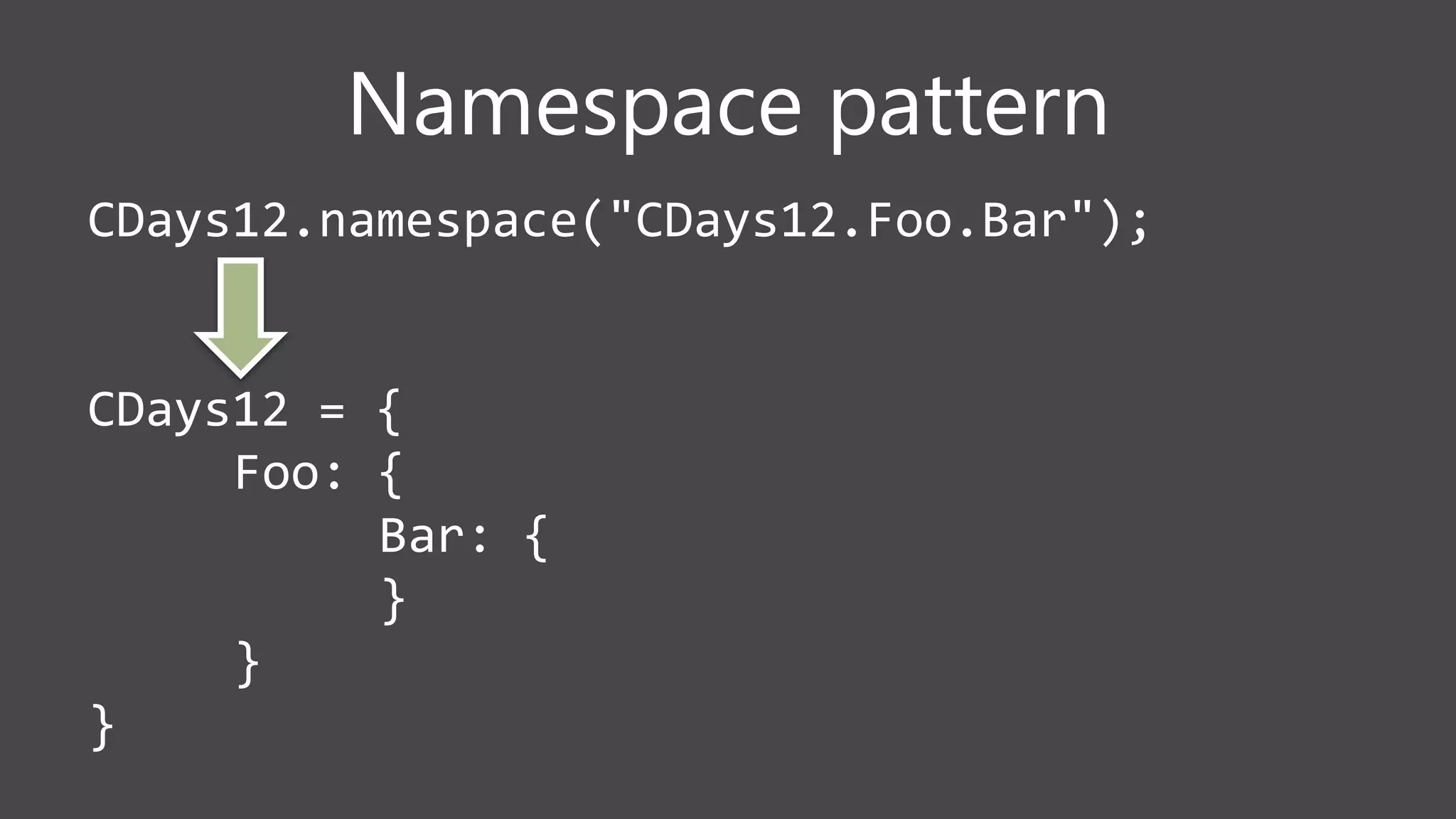 Namespace pattern
CDays12.namespace("CDays12.Foo.Bar");
CDays12 = {
Foo: {
Bar: {
}
}
}
 