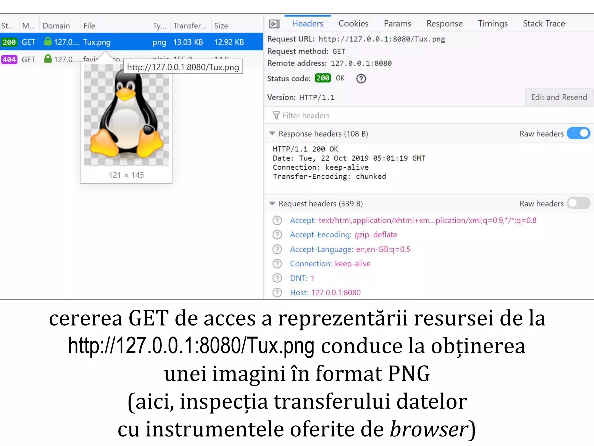 Dr.SabinBuragaprofs.info.uaic.ro/~busaco
cererea GET de acces a reprezentării resursei de la
http://127.0.0.1:8080/Tux.png conduce la obținerea
unei imagini în format PNG
(aici, inspecția transferului datelor
cu instrumentele oferite de browser)
 