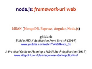 Dr.SabinBuragaprofs.info.uaic.ro/~busaco
node.js: framework-uri web
MEAN (MongoDB, Express, Angular, Node.js)
ghiduri:
Build a MEAN Application From Scratch (2019)
www.youtube.com/watch?v=k0iGvadr_Cc
A Practical Guide to Planning a MEAN Stack Application (2017)
www.sitepoint.com/planning-mean-stack-application/
 