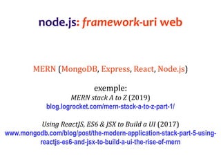 Dr.SabinBuragaprofs.info.uaic.ro/~busaco
node.js: framework-uri web
MERN (MongoDB, Express, React, Node.js)
exemple:
MERN stack A to Z (2019)
blog.logrocket.com/mern-stack-a-to-z-part-1/
Using ReactJS, ES6 & JSX to Build a UI (2017)
www.mongodb.com/blog/post/the-modern-application-stack-part-5-using-
reactjs-es6-and-jsx-to-build-a-ui-the-rise-of-mern
 
