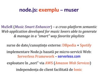 Dr.SabinBuragaprofs.info.uaic.ro/~busaco
MuSeR (Music Smart Enhancer) – a cross-platform semantic
Web application developed for music lovers able to generate
& manage in a “smart” way favorite playlists
surse de date/cunoștințe externe: DBpedia + Spotify
implementare Node.js bazată pe micro-servicii Web:
Serverless Framework – serverless.com
exploatare în „nori” via AWS (Amazon Web Services)
independența de client facilitată de Ionic
node.js: exemplu – muser
 