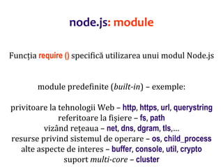Dr.SabinBuragaprofs.info.uaic.ro/~busaco
node.js: module
Funcția require () specifică utilizarea unui modul Node.js
module predefinite (built-in) – exemple:
privitoare la tehnologii Web – http, https, url, querystring
referitoare la fișiere – fs, path
vizând rețeaua – net, dns, dgram, tls,…
resurse privind sistemul de operare – os, child_process
alte aspecte de interes – buffer, console, util, crypto
suport multi-core – cluster
 