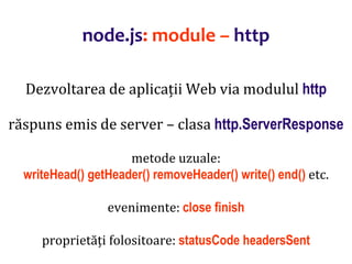 Dr.SabinBuragaprofs.info.uaic.ro/~busaco
node.js: module – http
Dezvoltarea de aplicații Web via modulul http
răspuns emis de server – clasa http.ServerResponse
metode uzuale:
writeHead() getHeader() removeHeader() write() end() etc.
evenimente: close finish
proprietăți folositoare: statusCode headersSent
 