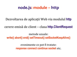 Dr.SabinBuragaprofs.info.uaic.ro/~busaco
node.js: module – http
Dezvoltarea de aplicații Web via modulul http
cerere emisă de client – clasa http.ClientRequest
metode uzuale:
write() abort() end() setTimeout() setSocketKeepAlive()
evenimente ce pot fi tratate:
response connect continue socket etc.
 