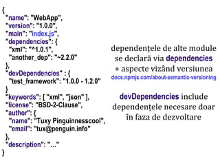 Dr.SabinBuragaprofs.info.uaic.ro/~busaco
node.js: module – prelucrări HTML
{
"name": "WebApp",
"version": "1.0.0",
"main": "index.js",
"dependencies": {
"xml": "^1.0.1",
"another_dep": "~2.2.0"
},
"devDependencies" : {
"test_framework": "1.0.0 - 1.2.0"
}
"keywords": [ "xml", "json" ],
"license": "BSD-2-Clause",
"author": {
"name": "Tuxy Pinguinnesscool",
"email": "tux@penguin.info"
},
"description": "…"
}
dependențele de alte module
se declară via dependencies
+ aspecte vizând versiunea
docs.npmjs.com/about-semantic-versioning
devDependencies include
dependențele necesare doar
în faza de dezvoltare
 