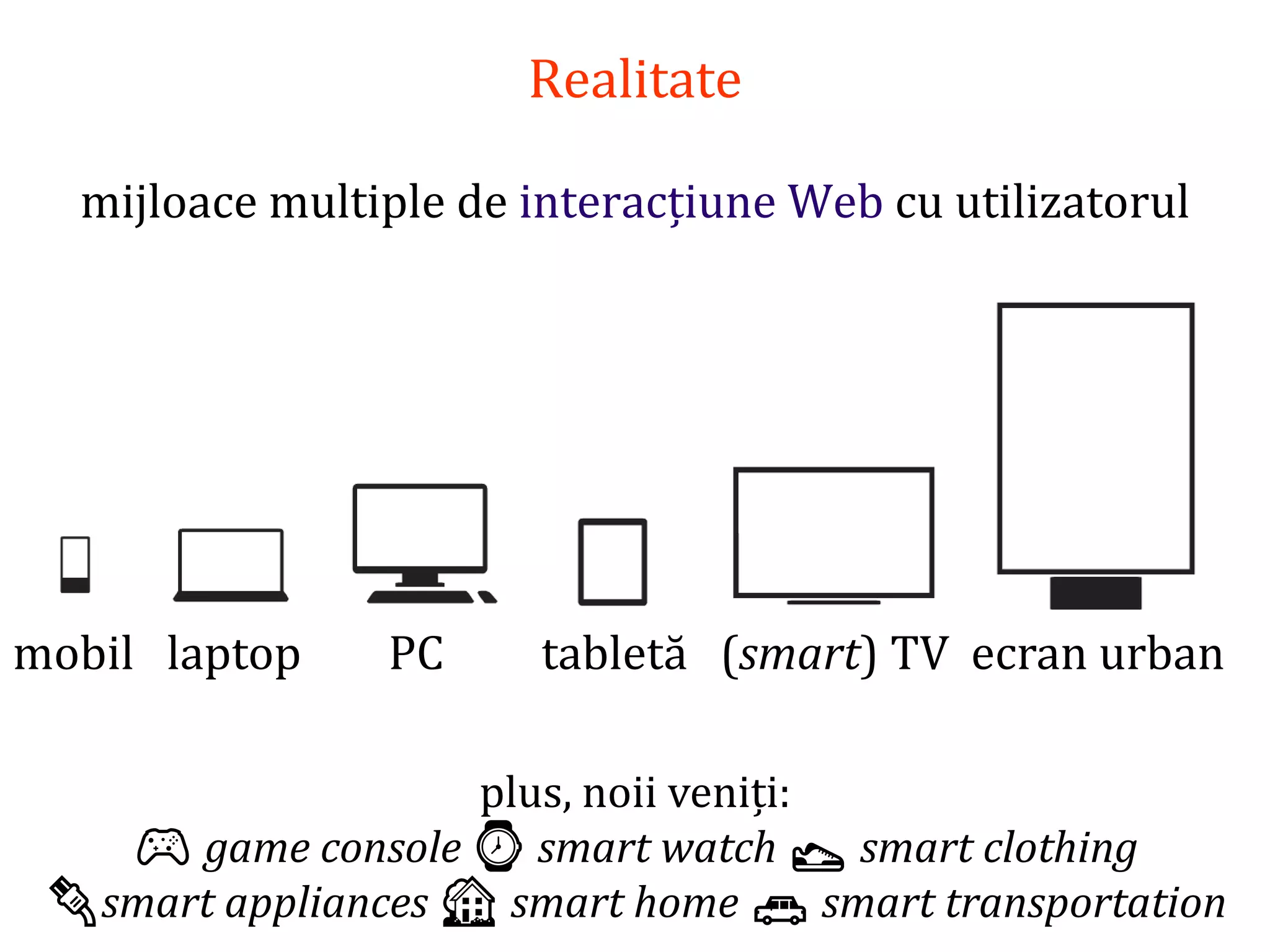 Dr.SabinBuragaprofs.info.uaic.ro/~busaco/
Realitate
mijloace multiple de interacțiune Web cu utilizatorul
mobil laptop PC tabletă (smart) TV ecran urban
plus, noii veniți:
🎮 game console ⌚ smart watch 👟 smart clothing
🔌smart appliances 🏡 smart home 🚗 smart transportation
 