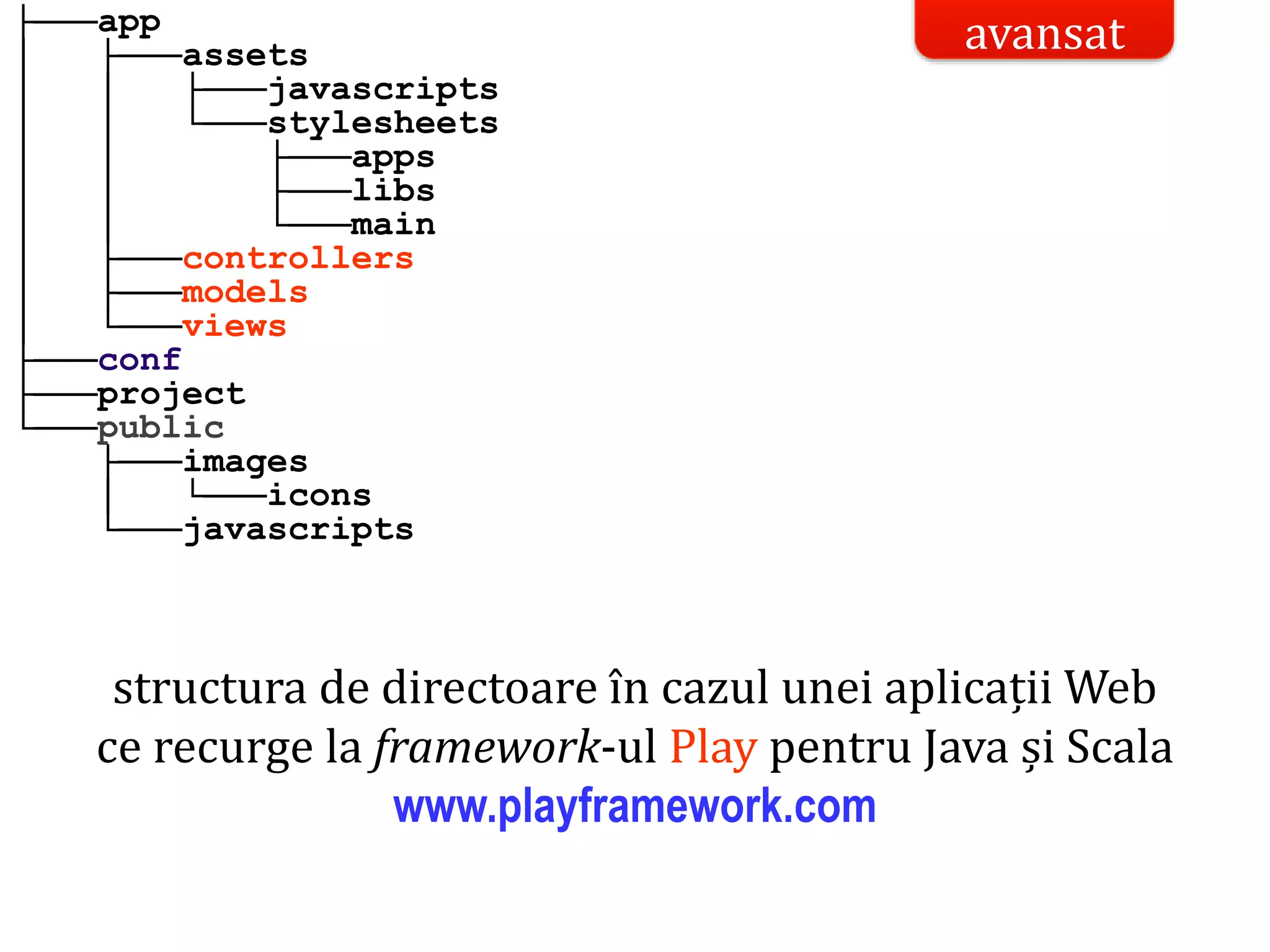 Dr.SabinBuragaprofs.info.uaic.ro/~busaco/
├───app
│ ├───assets
│ │ ├───javascripts
│ │ └───stylesheets
│ │ ├───apps
│ │ ├───libs
│ │ └───main
│ ├───controllers
│ ├───models
│ └───views
├───conf
├───project
└───public
├───images
│ └───icons
└───javascripts
structura de directoare în cazul unei aplicații Web
ce recurge la framework-ul Play pentru Java și Scala
www.playframework.com
avansat
 