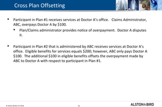 © Alston & Bird LLP 2018 29
Cross Plan Offsetting
 Participant in Plan #1 receives services at Doctor A’s office. Claims Administrator,
ABC, overpays Doctor A by $100.
 Plan/Claims administrator provides notice of overpayment. Doctor A disputes
it.
 Participant in Plan #2 that is administered by ABC receives services at Doctor A’s
office. Eligible benefits for services equals $200; however, ABC only pays Doctor A
$100. The additional $100 in eligible benefits offsets the overpayment made by
ABC to Doctor A with respect to participant in Plan #1.
29
 