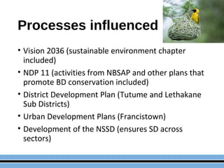 Processes influenced
• Vision 2036 (sustainable environment chapter
included)
• NDP 11 (activities from NBSAP and other pl...