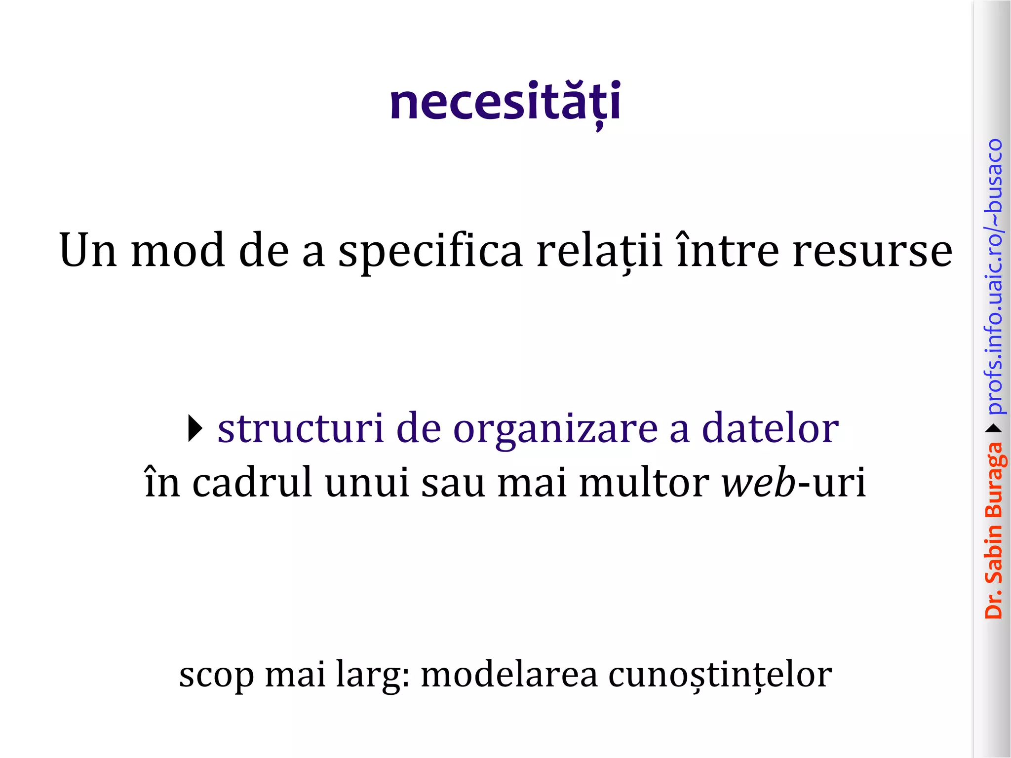 Dr.SabinBuragaprofs.info.uaic.ro/~busaco
necesități
Un mod de a specifica relații între resurse
structuri de organizare a datelor
în cadrul unui sau mai multor web-uri
scop mai larg: modelarea cunoștințelor
 