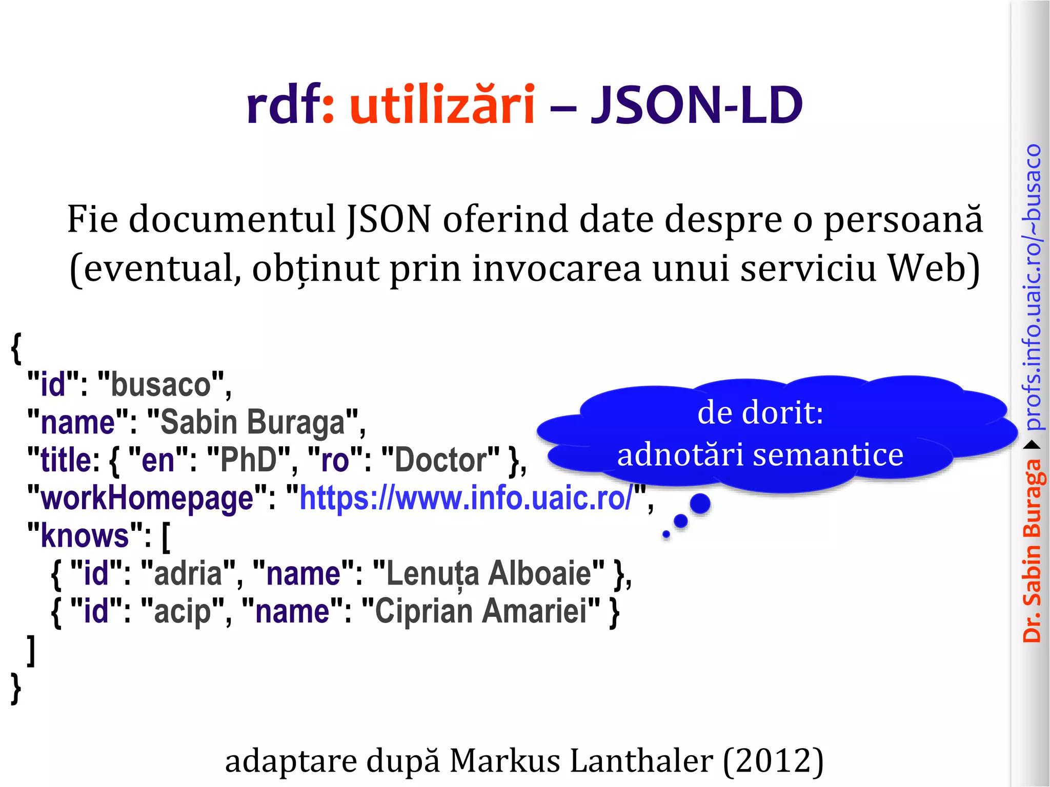 Dr.SabinBuragaprofs.info.uaic.ro/~busaco
rdf: utilizări – JSON-LD
Fie documentul JSON oferind date despre o persoană
(eventual, obținut prin invocarea unui serviciu Web)
{
"id": "busaco",
"name": "Sabin Buraga",
"title: { "en": "PhD", "ro": "Doctor" },
"workHomepage": "https://www.info.uaic.ro/",
"knows": [
{ "id": "adria", "name": "Lenuța Alboaie" },
{ "id": "acip", "name": "Ciprian Amariei" }
]
}
adaptare după Markus Lanthaler (2012)
de dorit:
adnotări semantice
 