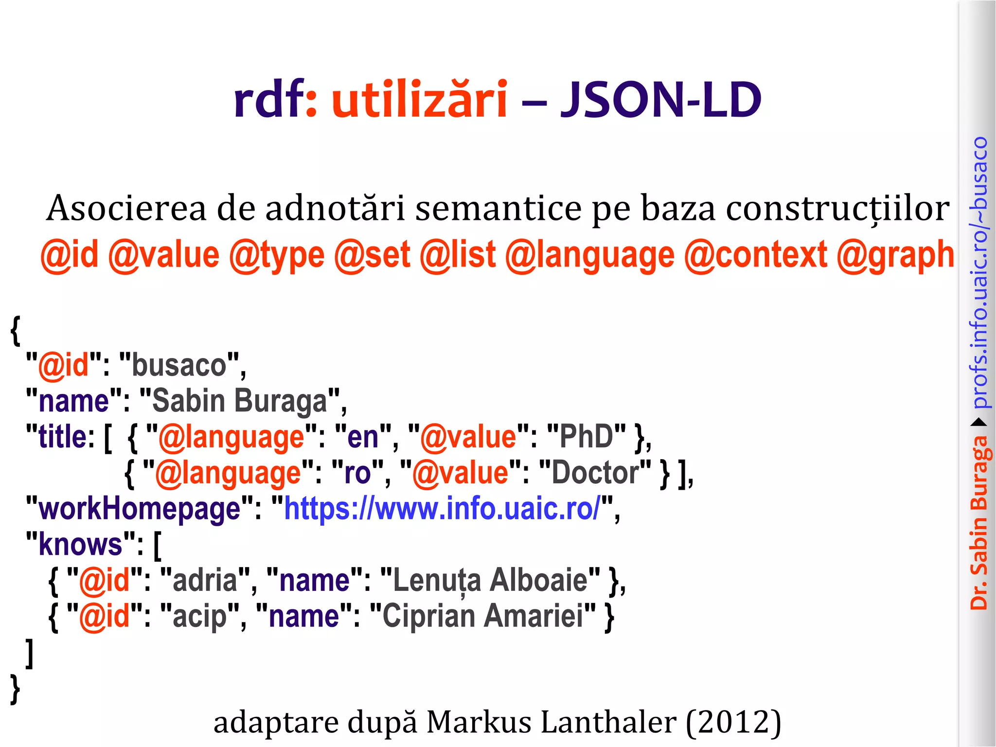 Dr.SabinBuragaprofs.info.uaic.ro/~busaco
rdf: utilizări – JSON-LD
Asocierea de adnotări semantice pe baza construcțiilor
@id @value @type @set @list @language @context @graph
{
"@id": "busaco",
"name": "Sabin Buraga",
"title: [ { "@language": "en", "@value": "PhD" },
{ "@language": "ro", "@value": "Doctor" } ],
"workHomepage": "https://www.info.uaic.ro/",
"knows": [
{ "@id": "adria", "name": "Lenuța Alboaie" },
{ "@id": "acip", "name": "Ciprian Amariei" }
]
}
adaptare după Markus Lanthaler (2012)
 