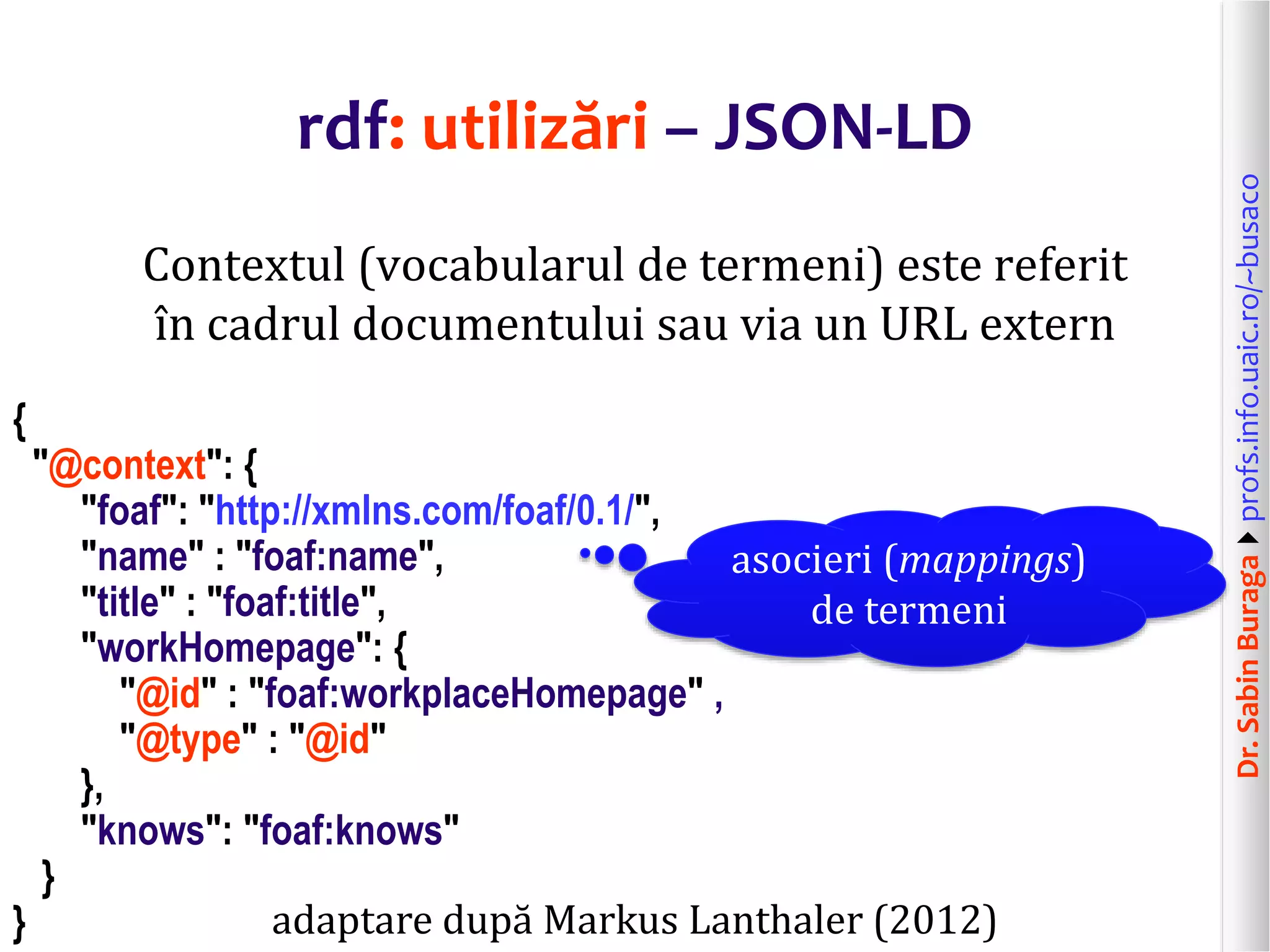 Dr.SabinBuragaprofs.info.uaic.ro/~busaco
rdf: utilizări – JSON-LD
Contextul (vocabularul de termeni) este referit
în cadrul documentului sau via un URL extern
{
"@context": {
"foaf": "http://xmlns.com/foaf/0.1/",
"name" : "foaf:name",
"title" : "foaf:title",
"workHomepage": {
"@id" : "foaf:workplaceHomepage" ,
"@type" : "@id"
},
"knows": "foaf:knows"
}
} adaptare după Markus Lanthaler (2012)
asocieri (mappings)
de termeni
 