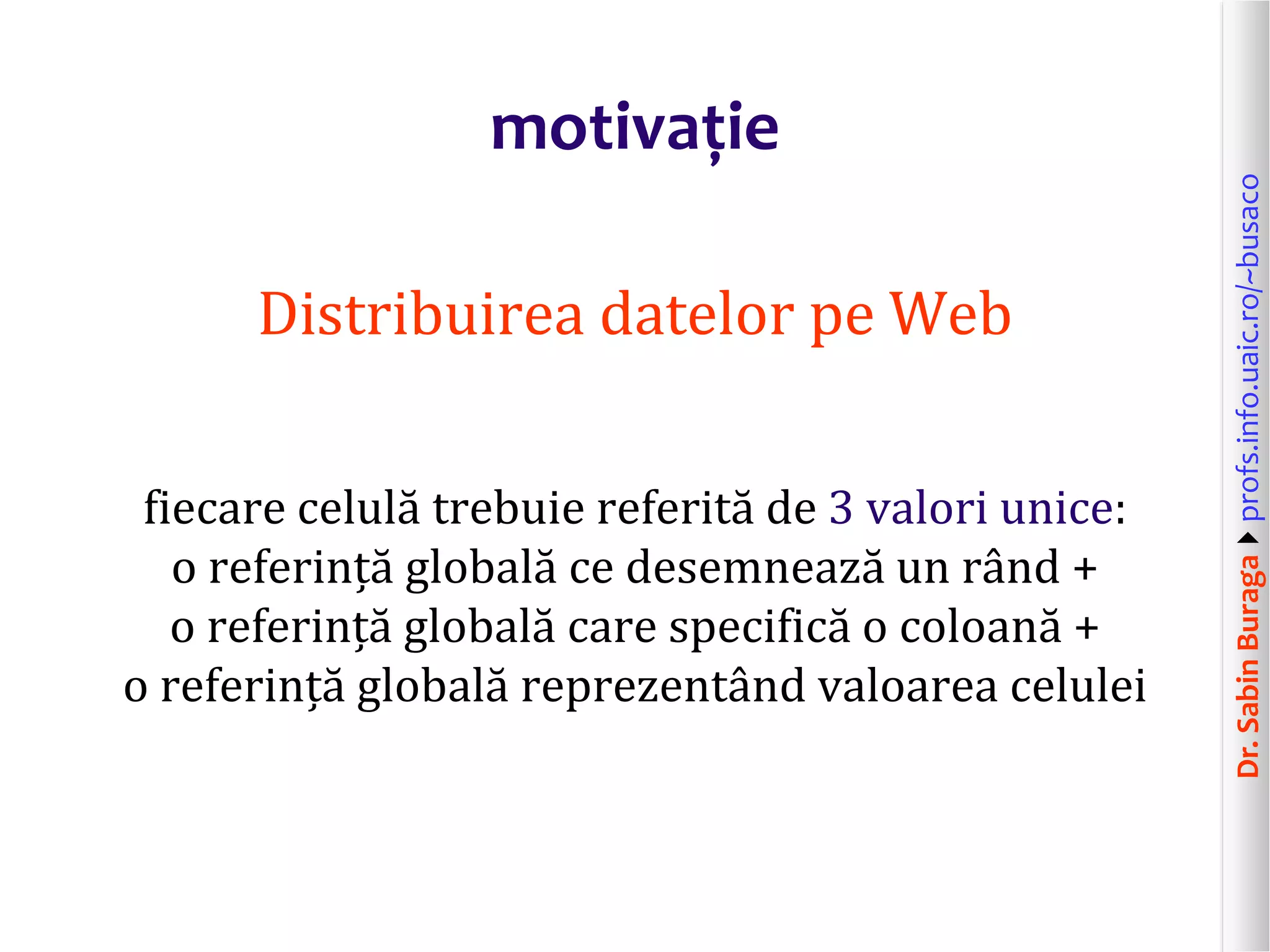 Dr.SabinBuragaprofs.info.uaic.ro/~busaco
motivație
Distribuirea datelor pe Web
fiecare celulă trebuie referită de 3 valori unice:
o referință globală ce desemnează un rând +
o referință globală care specifică o coloană +
o referință globală reprezentând valoarea celulei
 