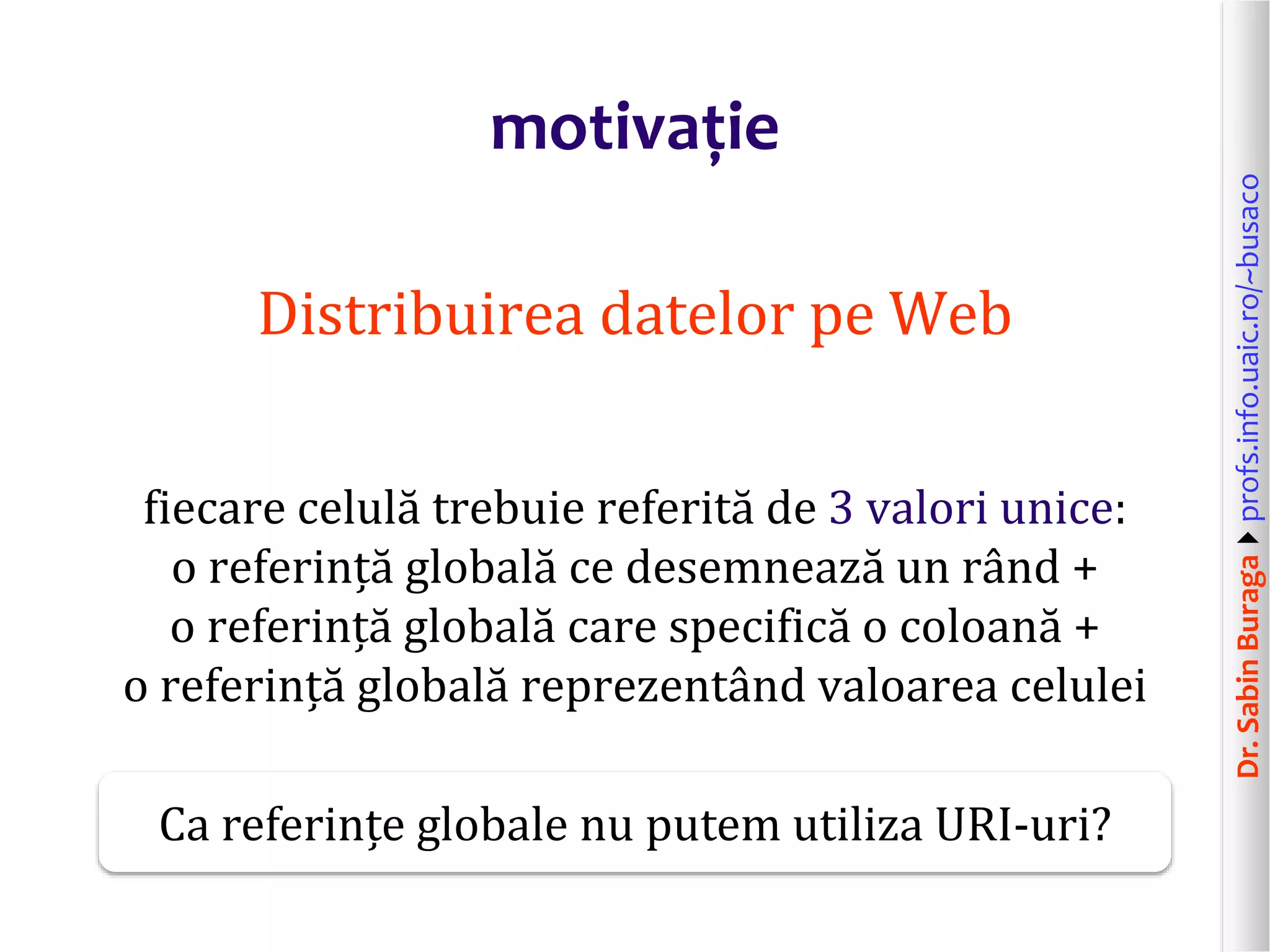 Dr.SabinBuragaprofs.info.uaic.ro/~busaco
motivație
Distribuirea datelor pe Web
fiecare celulă trebuie referită de 3 valori unice:
o referință globală ce desemnează un rând +
o referință globală care specifică o coloană +
o referință globală reprezentând valoarea celulei
Ca referințe globale nu putem utiliza URI-uri?
 