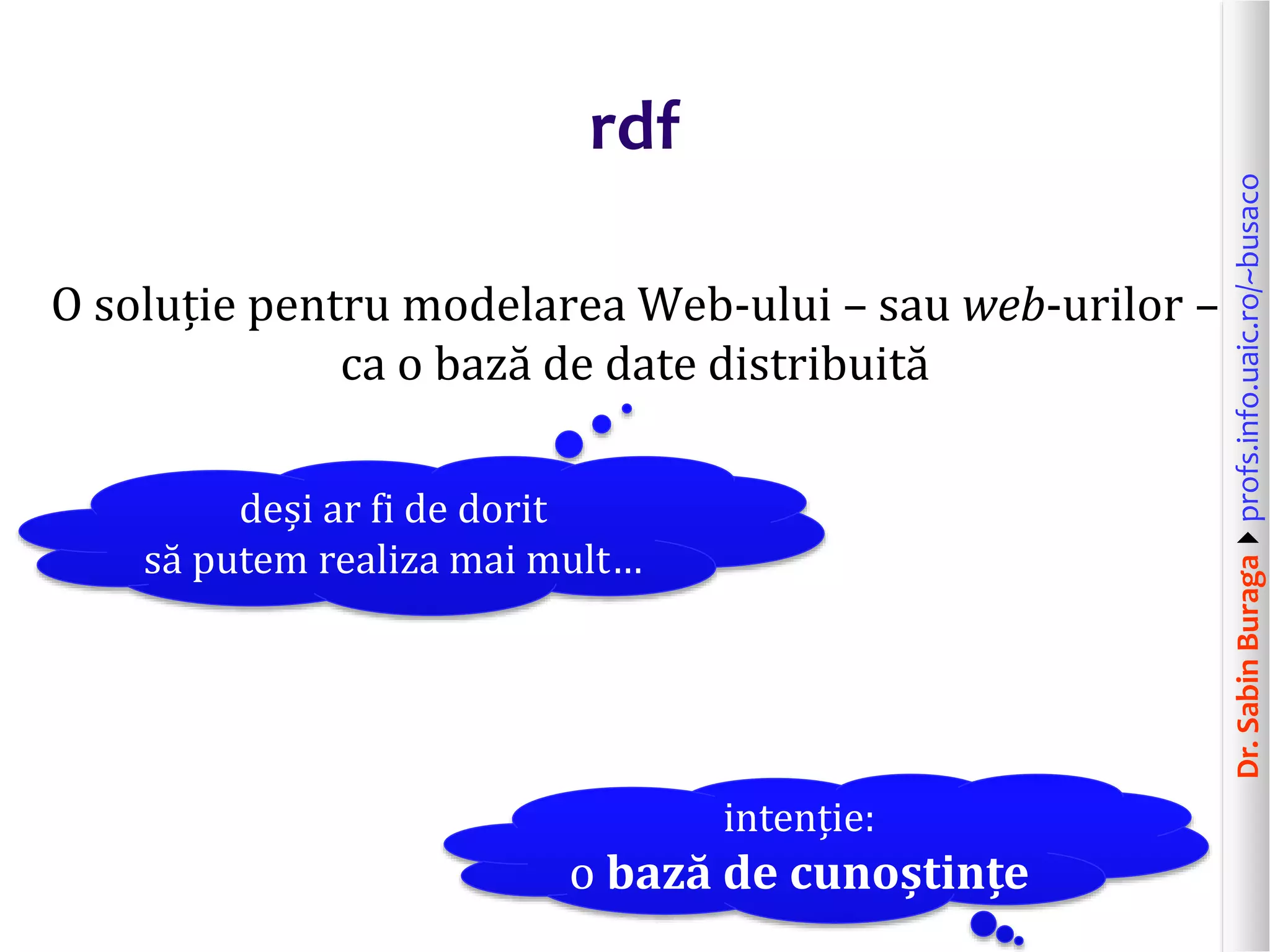 Dr.SabinBuragaprofs.info.uaic.ro/~busaco
rdf
O soluție pentru modelarea Web-ului – sau web-urilor –
ca o bază de date distribuită
deși ar fi de dorit
să putem realiza mai mult…
intenție:
o bază de cunoștințe
 