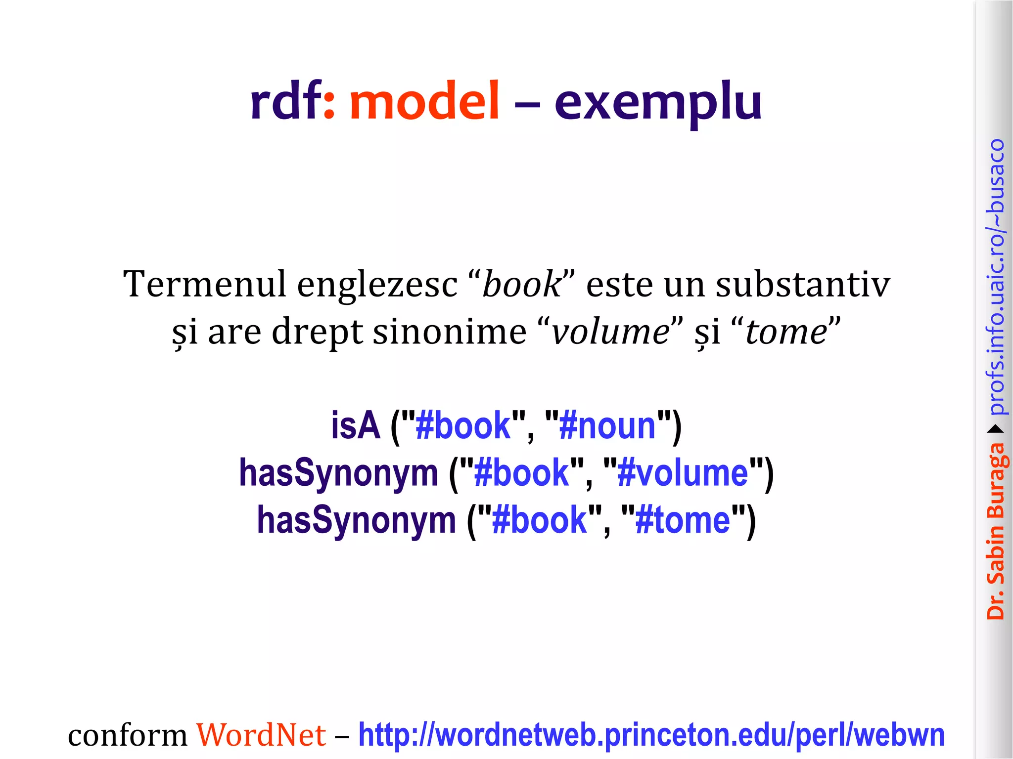 Dr.SabinBuragaprofs.info.uaic.ro/~busaco
rdf: model – exemplu
Termenul englezesc “book” este un substantiv
și are drept sinonime “volume” și “tome”
isA ("#book", "#noun")
hasSynonym ("#book", "#volume")
hasSynonym ("#book", "#tome")
conform WordNet – http://wordnetweb.princeton.edu/perl/webwn
 