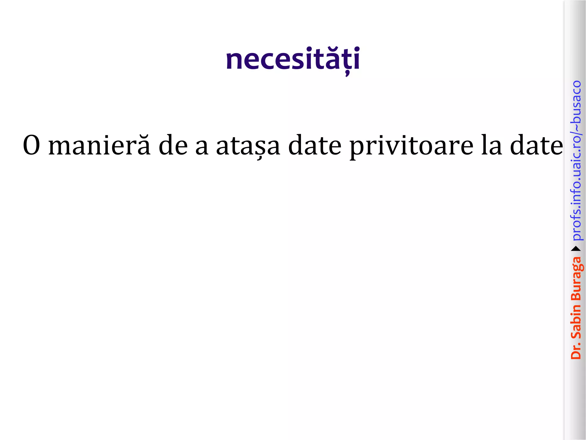 Dr.SabinBuragaprofs.info.uaic.ro/~busaco
necesități
O manieră de a atașa date privitoare la date
 