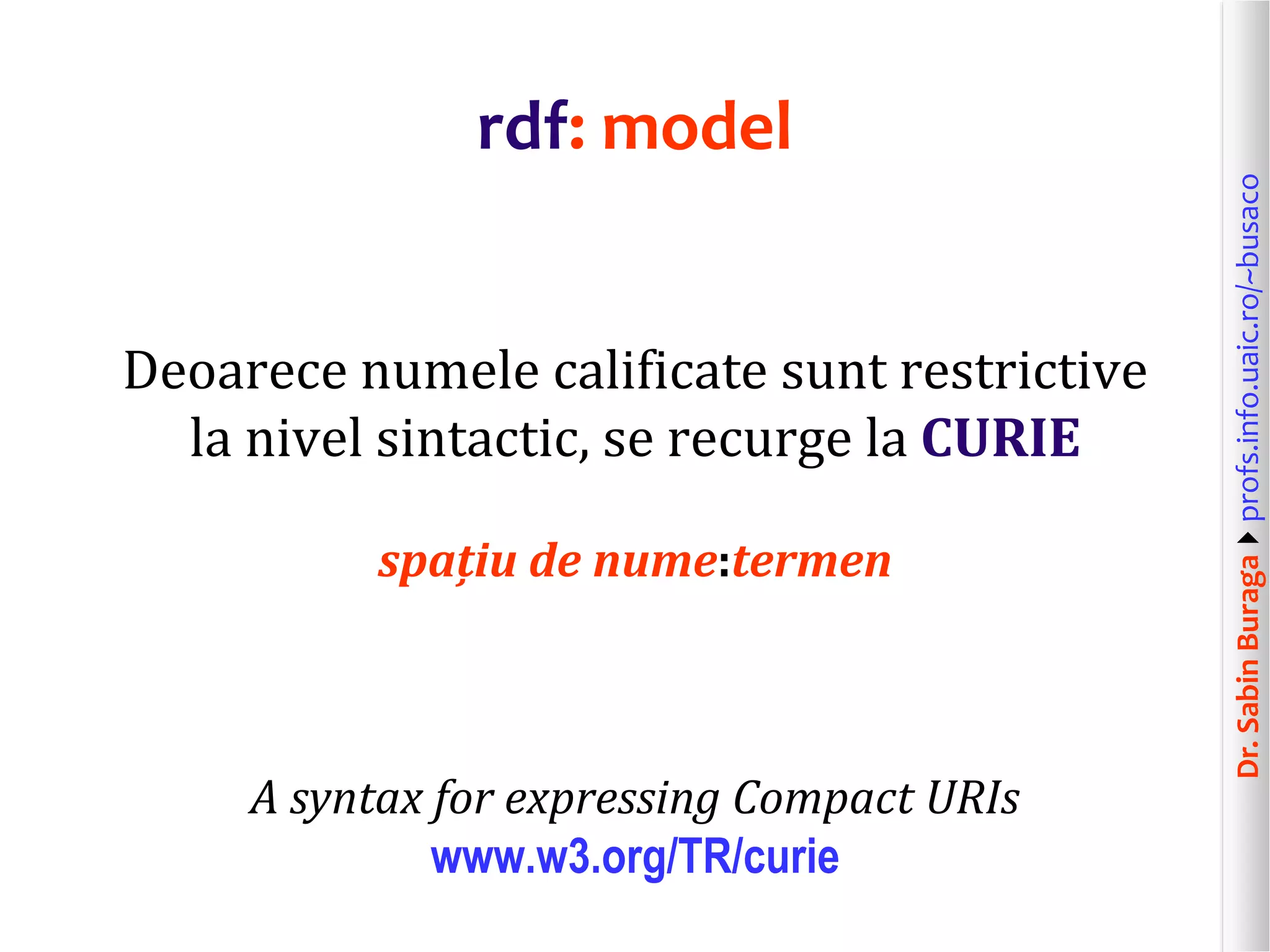 Dr.SabinBuragaprofs.info.uaic.ro/~busaco
rdf: model
Deoarece numele calificate sunt restrictive
la nivel sintactic, se recurge la CURIE
spațiu de nume:termen
A syntax for expressing Compact URIs
www.w3.org/TR/curie
 
