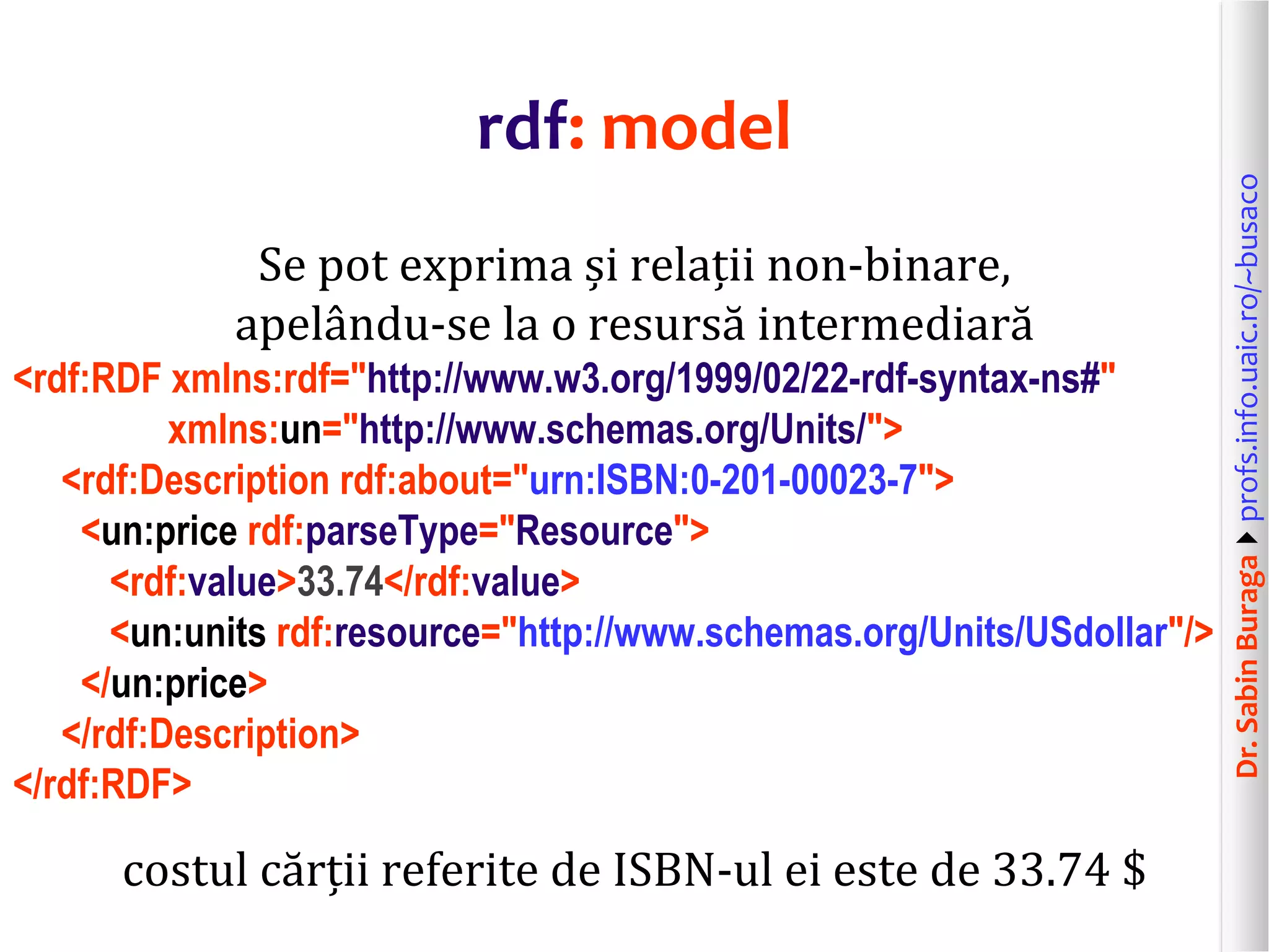 Dr.SabinBuragaprofs.info.uaic.ro/~busaco
rdf: model
Se pot exprima și relații non-binare,
apelându-se la o resursă intermediară
<rdf:RDF xmlns:rdf="http://www.w3.org/1999/02/22-rdf-syntax-ns#"
xmlns:un="http://www.schemas.org/Units/">
<rdf:Description rdf:about="urn:ISBN:0-201-00023-7">
<un:price rdf:parseType="Resource">
<rdf:value>33.74</rdf:value>
<un:units rdf:resource="http://www.schemas.org/Units/USdollar"/>
</un:price>
</rdf:Description>
</rdf:RDF>
costul cărții referite de ISBN-ul ei este de 33.74 $
 
