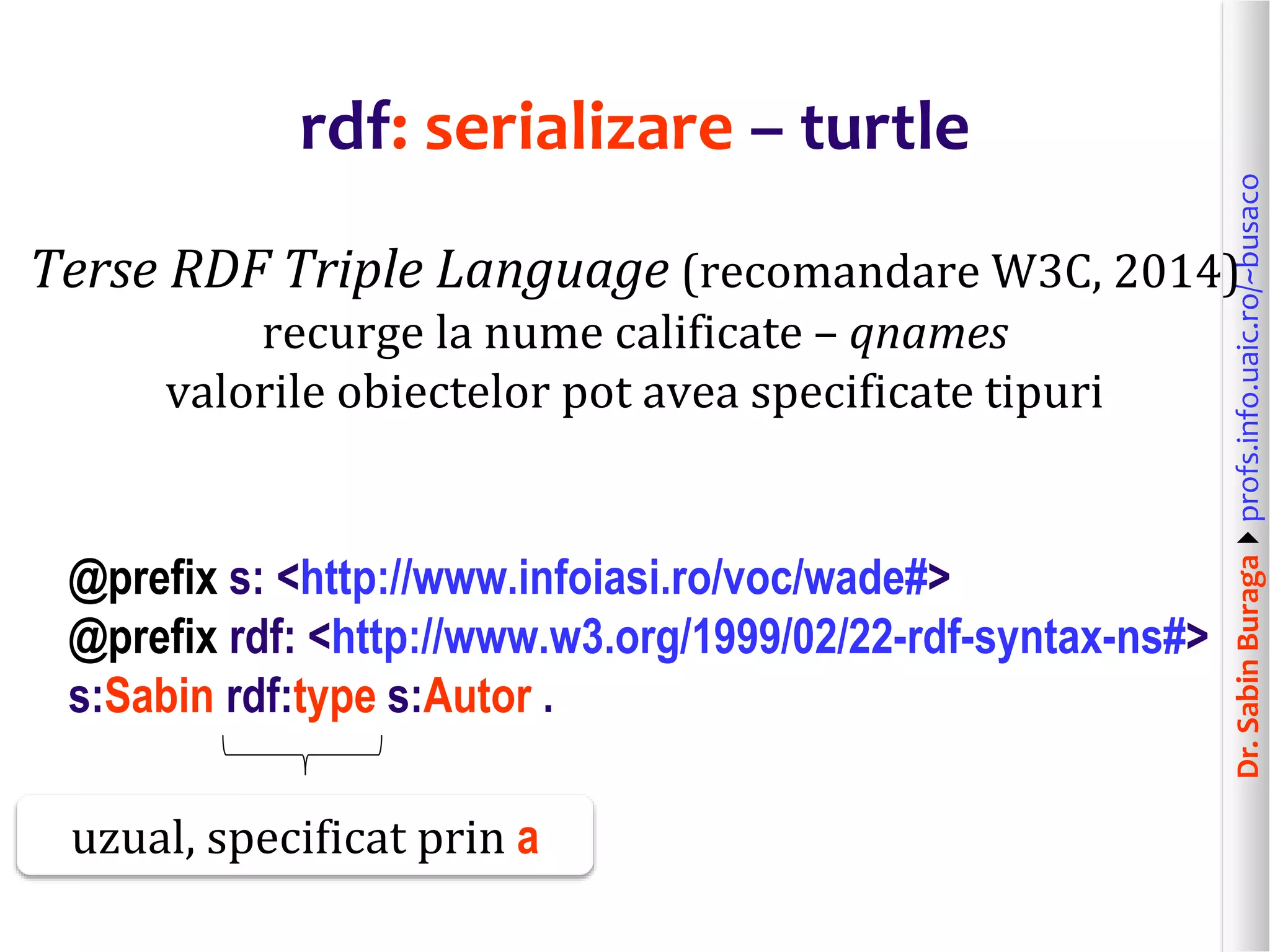 Dr.SabinBuragaprofs.info.uaic.ro/~busaco
rdf: serializare – turtle
Terse RDF Triple Language (recomandare W3C, 2014)
recurge la nume calificate – qnames
valorile obiectelor pot avea specificate tipuri
@prefix s: <http://www.infoiasi.ro/voc/wade#>
@prefix rdf: <http://www.w3.org/1999/02/22-rdf-syntax-ns#>
s:Sabin rdf:type s:Autor .
uzual, specificat prin a
 