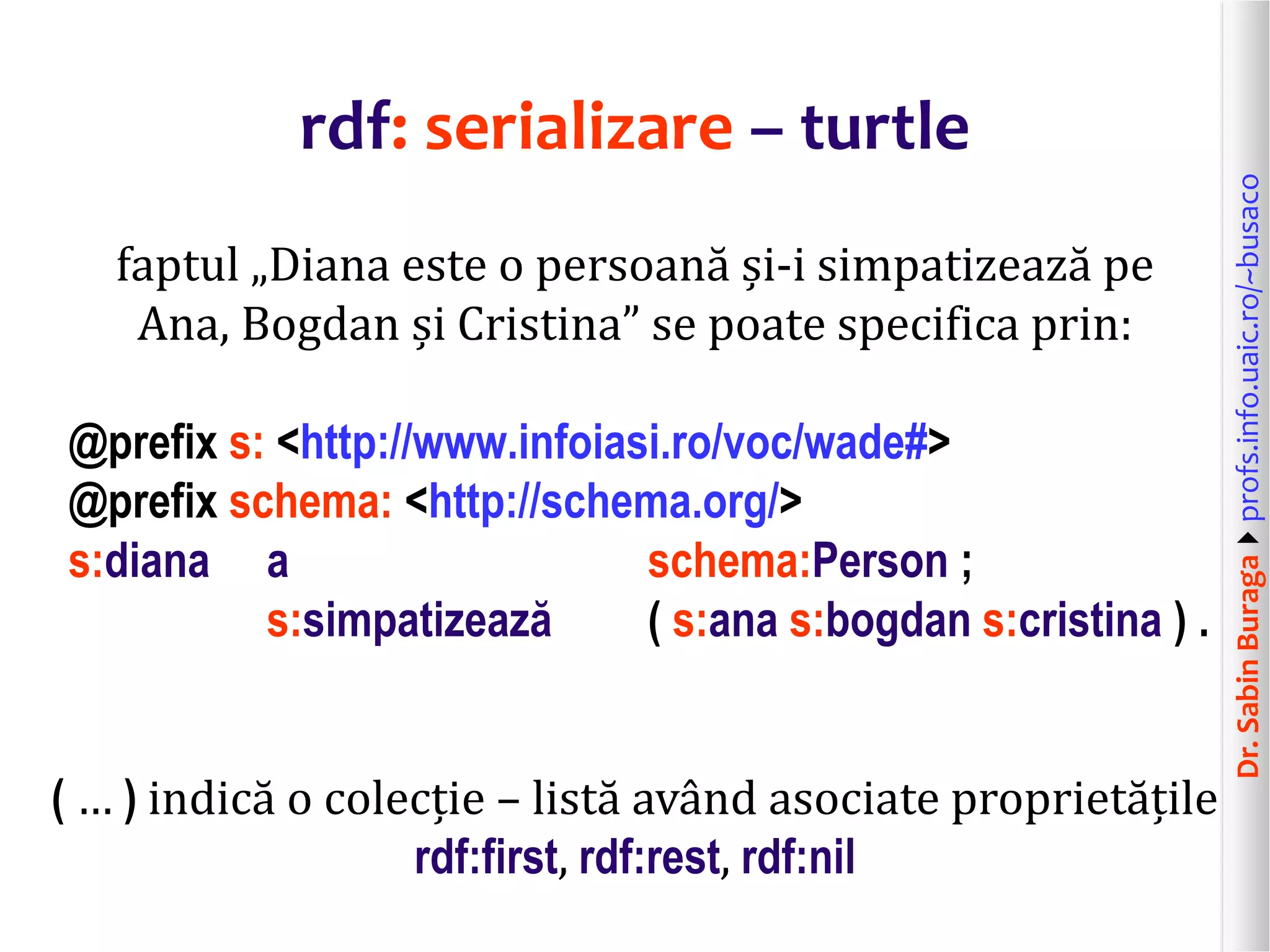 Dr.SabinBuragaprofs.info.uaic.ro/~busaco
rdf: serializare – turtle
faptul „Diana este o persoană și-i simpatizează pe
Ana, Bogdan și Cristina” se poate specifica prin:
@prefix s: <http://www.infoiasi.ro/voc/wade#>
@prefix schema: <http://schema.org/>
s:diana a schema:Person ;
s:simpatizează ( s:ana s:bogdan s:cristina ) .
( … ) indică o colecție – listă având asociate proprietățile
rdf:first, rdf:rest, rdf:nil
 