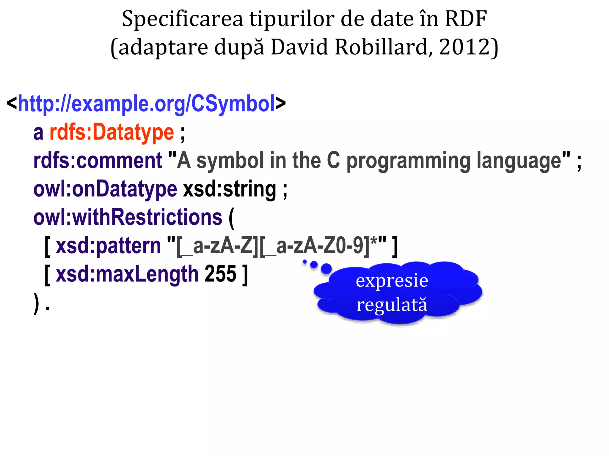 Dr.SabinBuragaprofs.info.uaic.ro/~busaco
Specificarea tipurilor de date în RDF
(adaptare după David Robillard, 2012)
<http://example.org/CSymbol>
a rdfs:Datatype ;
rdfs:comment "A symbol in the C programming language" ;
owl:onDatatype xsd:string ;
owl:withRestrictions (
[ xsd:pattern "[_a-zA-Z][_a-zA-Z0-9]*" ]
[ xsd:maxLength 255 ]
) .
expresie
regulată
 