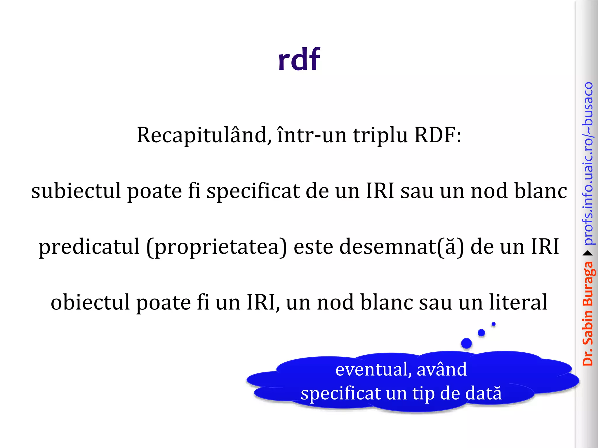 Dr.SabinBuragaprofs.info.uaic.ro/~busaco
rdf
Recapitulând, într-un triplu RDF:
subiectul poate fi specificat de un IRI sau un nod blanc
predicatul (proprietatea) este desemnat(ă) de un IRI
obiectul poate fi un IRI, un nod blanc sau un literal
eventual, având
specificat un tip de dată
 